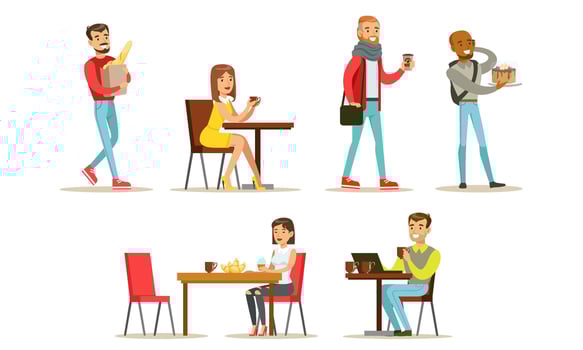 Collection of People Sitting at Tables, Drinking Coffee or Tea at Cafe, Visitors Buying Desserts, Baguette and Drinks at Bakery Shop or Confectionery Illustration vector