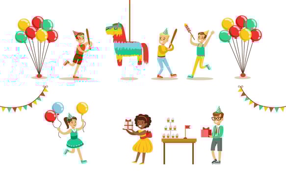 Kids Celebrating Birthday Set, Boy Going to Broke the Pinata, Boys nd Girls Having Fun at Birthday Party Illustration vector