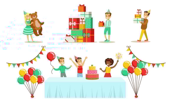 Kids Celebrating Birthday Set, Children Having Fun at Party with Birthday Cake and Gifts Illustration vector