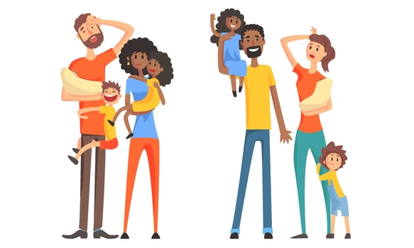 Large Families Set, Tired Parents and Their Children, Parenting Stress Illustration vector