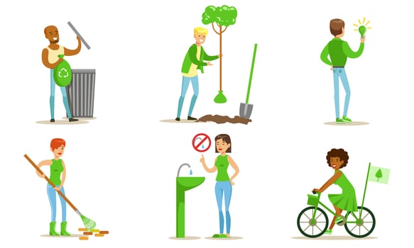 People Taking Part in Environmental Protection Set, Men and Women Recycling Waste, Growing Plants, Using Eco Friendly Transport and Energy Renewable Resources Illustration vector