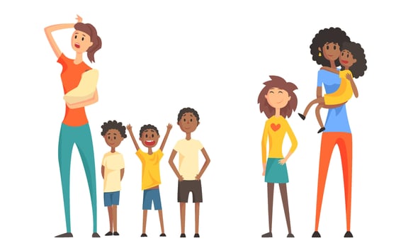 Large Family, Tired Parents and Their Children, Parenting Stress Illustration vector