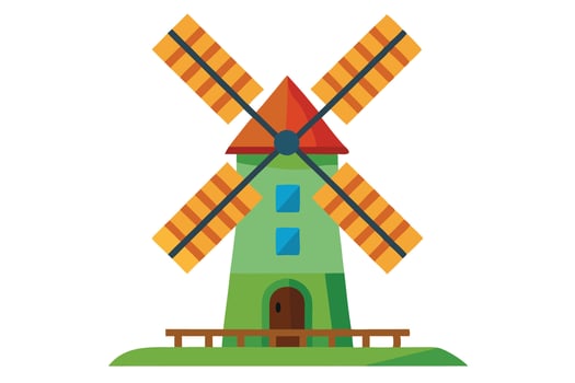 Cartoon Illustration of a Traditional Dutch Windmill in a Peaceful Rural Setting vector