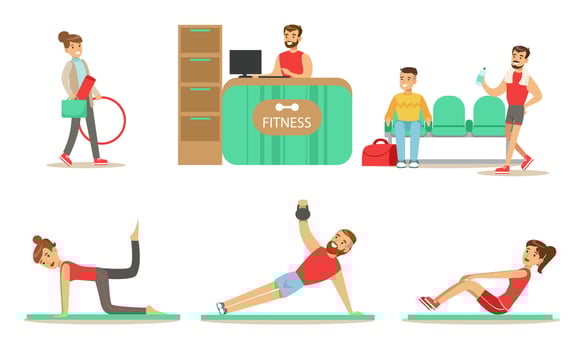Fitness Center Set, Cheerful People Exercising in the Gym with the Equipment, Healthy Lifestyle Concept Illustration vector