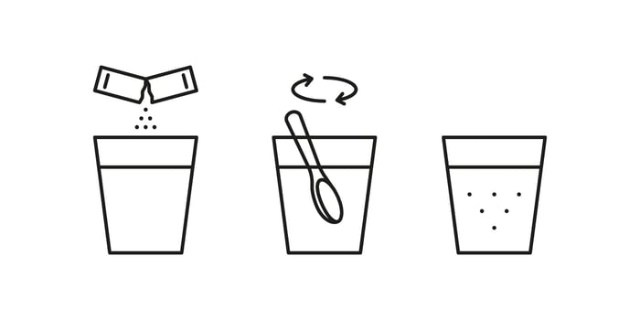 Pour sachet bag with soluble powder into glass of water, line icon. Open paper pack stick with powder and stir. Soluble bag medication or food sugar, salt, coffee. Symbol illustration vector
