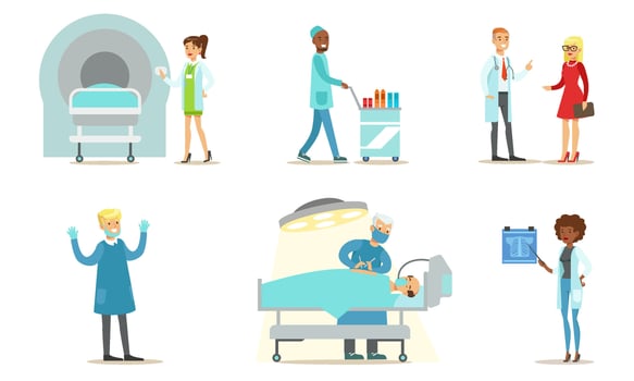 Doctors Examining and Treating Patients Set, Medical Care in Clinic or Hospital Illustration vector