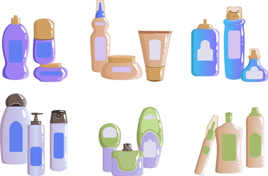 Collection of Cosmetics and Household Chemicals Packaging, Colorful Containers, Bottles, Jars, Tubes Illustration vector