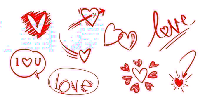 Doodle hearts on set. hand drawn style. love symbol illustration. isolated on white background vector