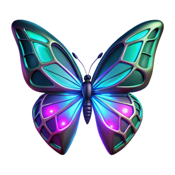 Glowing Neon Butterfly Digital Render of Futuristic Insect png