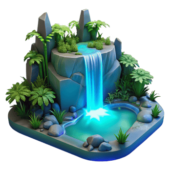 vibrant minimalist Enchanted Waterfall Oasis Digital Render of Lush Tropical Landscape detailed png
