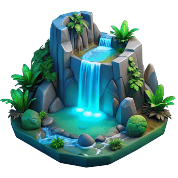 Luminous Waterfall in Tropical Paradise Digital Render of Island Oasis png