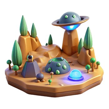 Alien Landscape 3D Render of UFO, Flora, and Mysterious Structures png