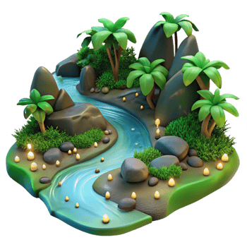 Serene River Landscape 3D Render of Lush Tropical Oasis png