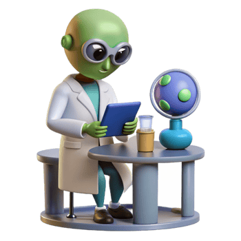 Alien Scientist Studying a Planetary Model on Tablet png