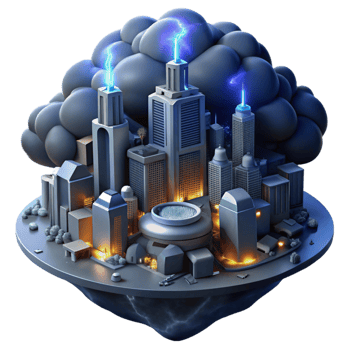Cityscape Under a Stormy Cloud A Futuristic Urban Center's Power Grid Resilience png