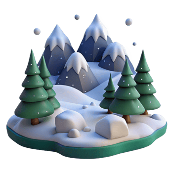 serene artistic Winter Wonderland Digital Render of Snowy Mountains and Evergreen Trees high quality png