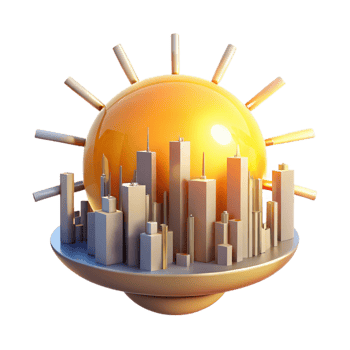 Sunrise Metropolis A 3D Cityscape Under a Golden Sun png