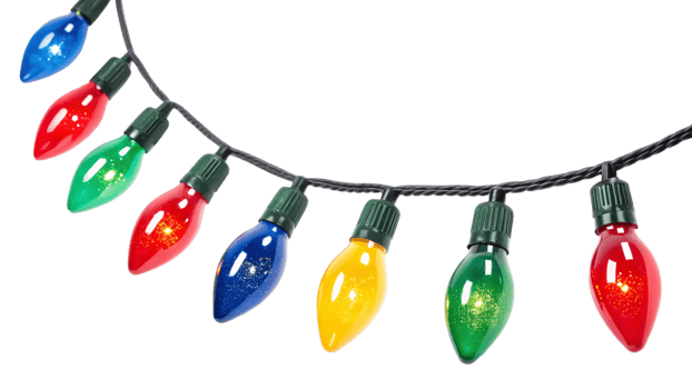A detailed view of sparkling red, green, and yellow Christmas lights, twinkling brightly, representing holiday warmth and celebrations png