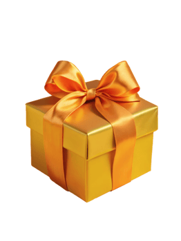Golden gift box with a shiny orange ribbon bow, elegantly wrapped, celebration and gifting png