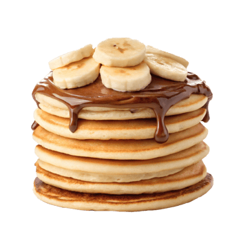 Stack of fluffy pancakes with banana slices and chocolate topping, sweet breakfast png