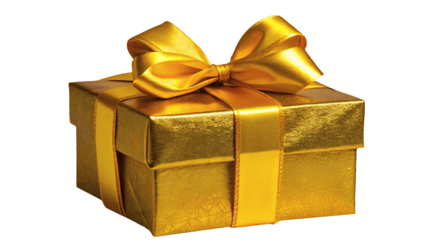 Bright golden gift box with a luxurious ribbon bow, isolated, celebration and special occasions png