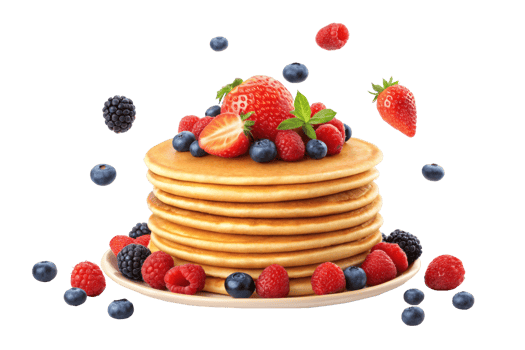 Stack of golden pancakes topped with fresh strawberries, blueberries, raspberries, and blackberries. Concept of breakfast png