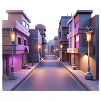 Night Street Scene 3D Render of City Alleyway with Buildings and Lights png
