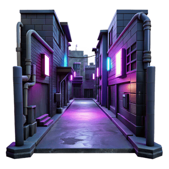 Neon Lit Alleyway A 3D Render of a City Backstreet png