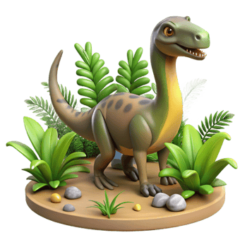 Adorable 3D Cartoon Dinosaur in Lush Tropical Setting png