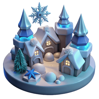 Enchanted Winter Village 3D Render of Snowy Castle and Houses png