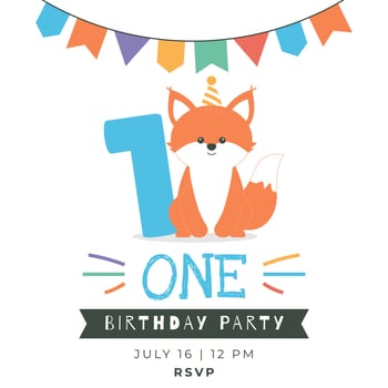 Greeting and invitation card for kids first Birthday party. Cute baby animal fox and number 1 in flat childrens style. illustration, design for card, poster, event, prints vector