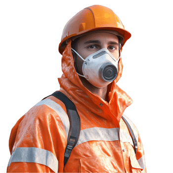 Man in an Orange Safety Suit and Gas Mask png