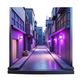 Neon Lit Alleyway 3D Render of a City Street at Night png