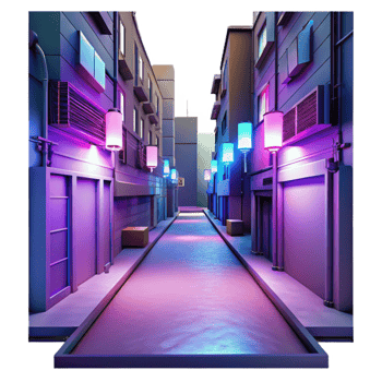 Neon Lit Alleyway with Glowing Water Canal at Night png