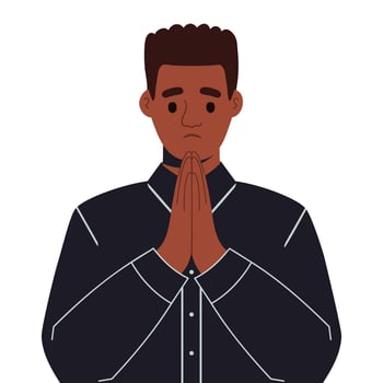 Sad african american man in black office shirt folding his hands in a prayer gesture and asking for forgiveness vector