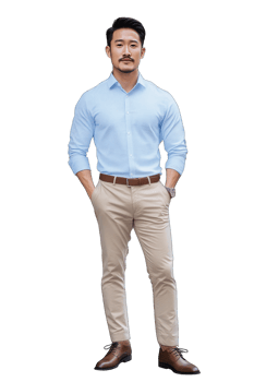 A well-dressed man stands confidently in a light blue shirt and beige chinos, perfect for showcasing menswear fashion or business attire. Use this image for your website or social media. png