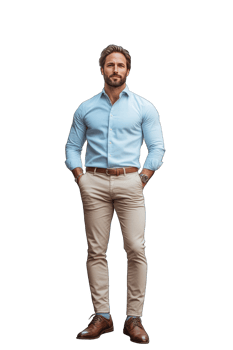 A well-dressed man confidently poses in a light blue shirt and beige chinos perfect for fashion and style inspiration png