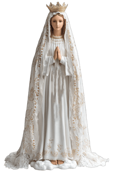 Beautiful Our Lady of Fatima statue in white gown and gold crown Perfect for home altars or religious gifts png