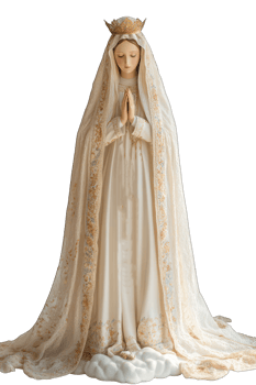 Beautiful Virgin Mary statue in flowing white gown with gold embroidery perfect for home altars or religious displays png