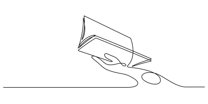 one line drawing of hand holding book minimalist art vector