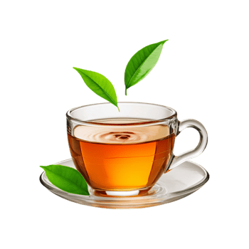 Glass cup and plate of tea with falling tea leaf on transparent background png