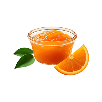 Glass bowl of fresh orange fruit jam with slice and leaf on transparent background png