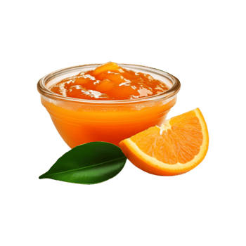 Glass bowl of orange fruit jam with slice on transparent background png