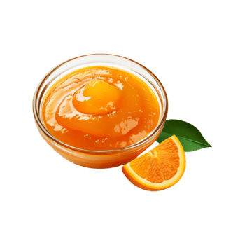 Glass bowl of fresh orange fruit jam with slice on transparent background png
