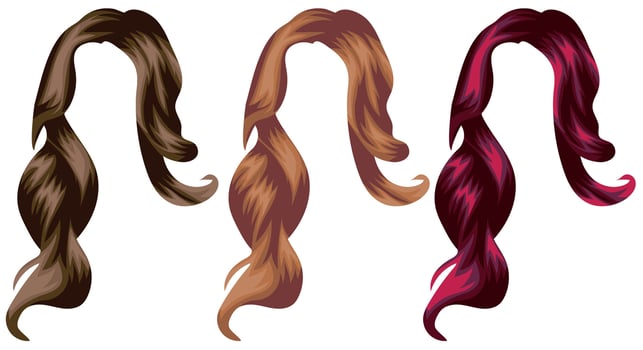 set of templates of women's long hair in various colors, for characters, various designs vector