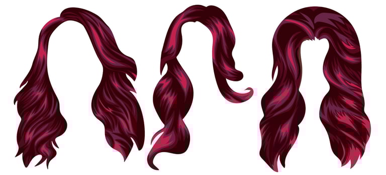 set of templates of women's long hair in red tones, for characters, various designs vector