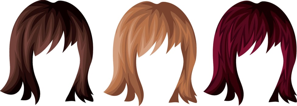set of female brown red blonde hair with bangs and a square braid, for female characters vector