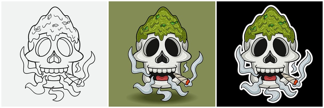 Matcha Powder Inside Skull Head With Smoking Character Cartoon. Black White, Colorful and Sticker Style. vector