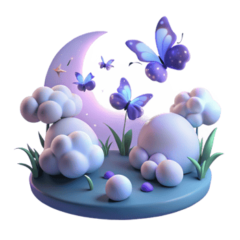 Whimsical Night Scene with Butterflies, Clouds, and Moon png