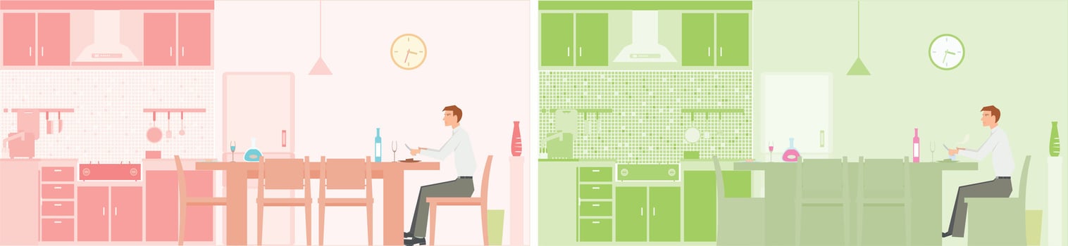 a set of four different colored images of people in the kitchen vector